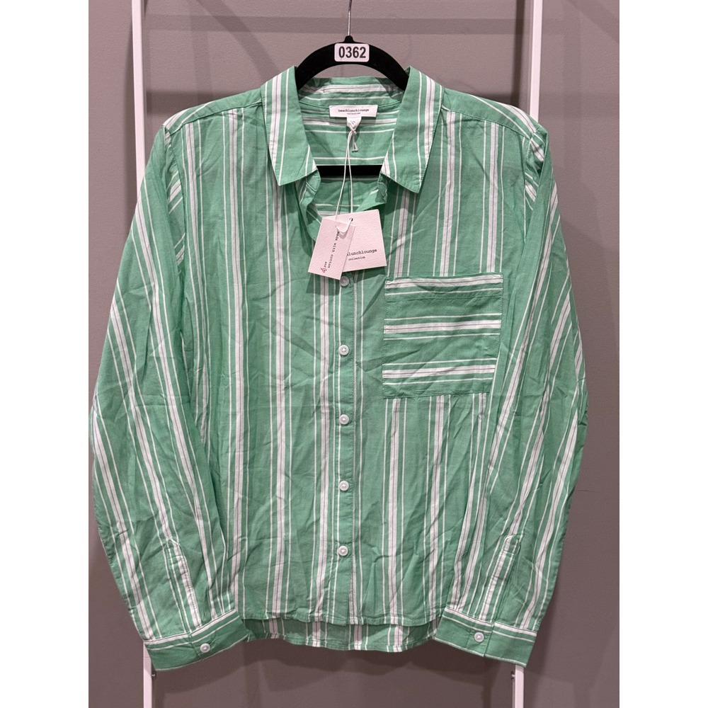 NWT Beachlunchlounge Candy Stripe Button Down Green L Coastal Grandma Clean Girl